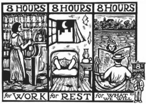Illustration in woodcut print style. Left panel shows a worker and is labeled 8 hours for work. Middle panel is someone sleeping, labeled 8 hours for rest. Right panel is people relaxing on a boat, one reading a newspaper. It is labeled 8 hours for what we will.