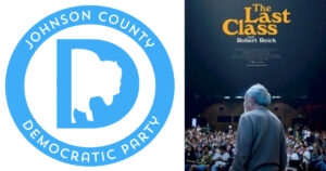 JC Dems logo on left. The Last Class movie poster on right. Robert Reich photographed from the back standing in front of an auditorium audience.