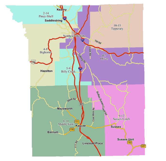 screenshot of dynamic map showing most of the geographically larger precincts in johnson county wyoming.