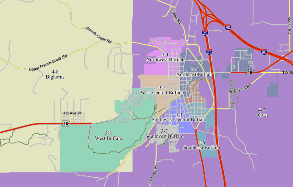 detail of precinct map of johnson county wyoming showing precincts in and around buffalo wyoming.