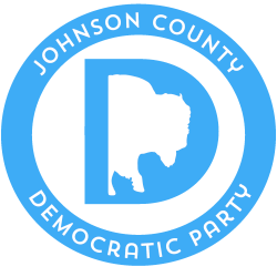 circle with johnson county democratic party following the curve. The letter D in the center has a bison forequarters and head as the negative space.